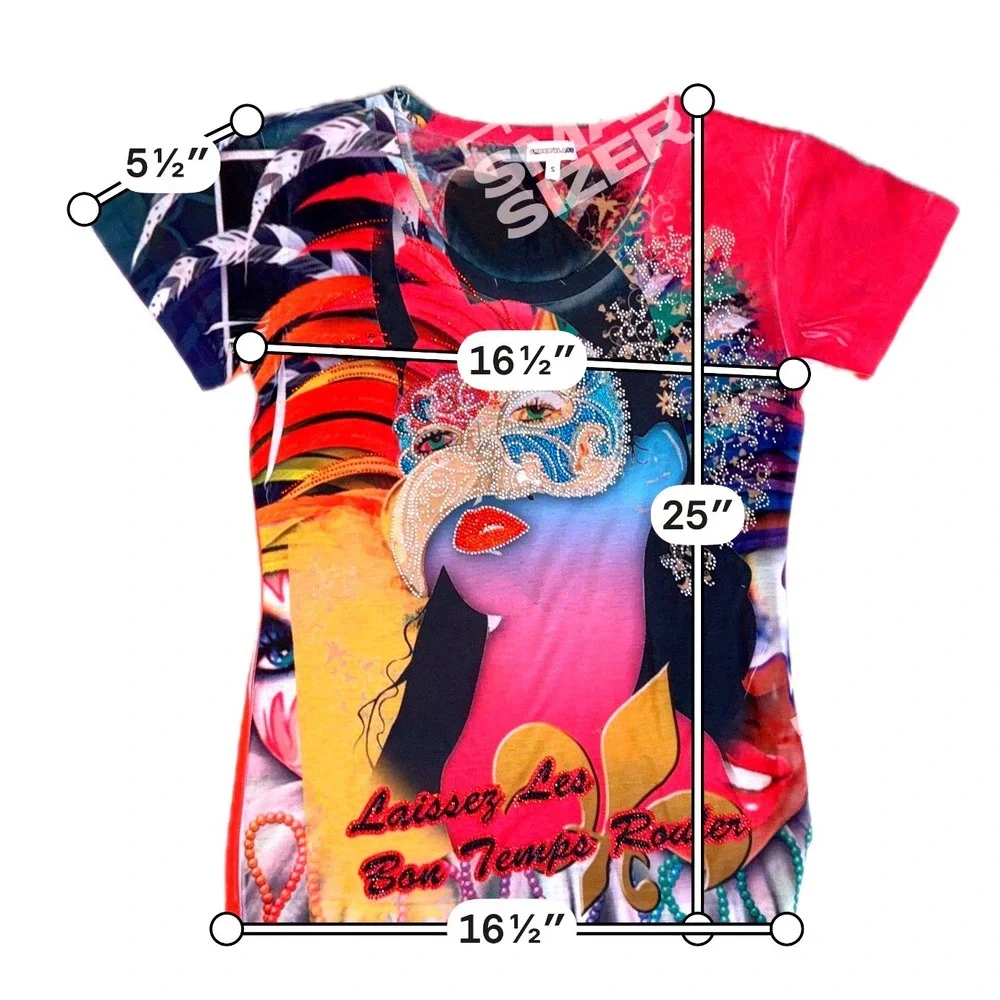 Underglass Bright Mardi Gras Carnival  T-Shirt Rhinestone Masked Print S NWOT - Picture 7 of 7